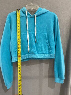 Doublju Cropped Hoodie Large Blue Fleece Pullover Sweatshirt Kangaroo Pocket
